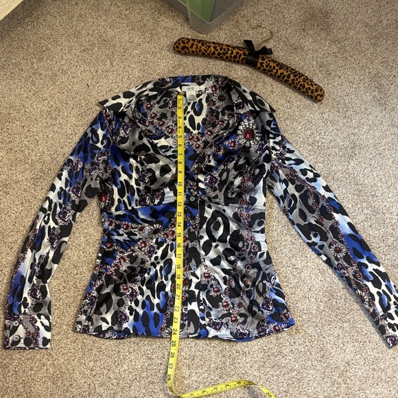 Cache Multicolor Satin Animal-Print Blouse in Blue, Black, Silver and Purple! - Picture 5 of 7